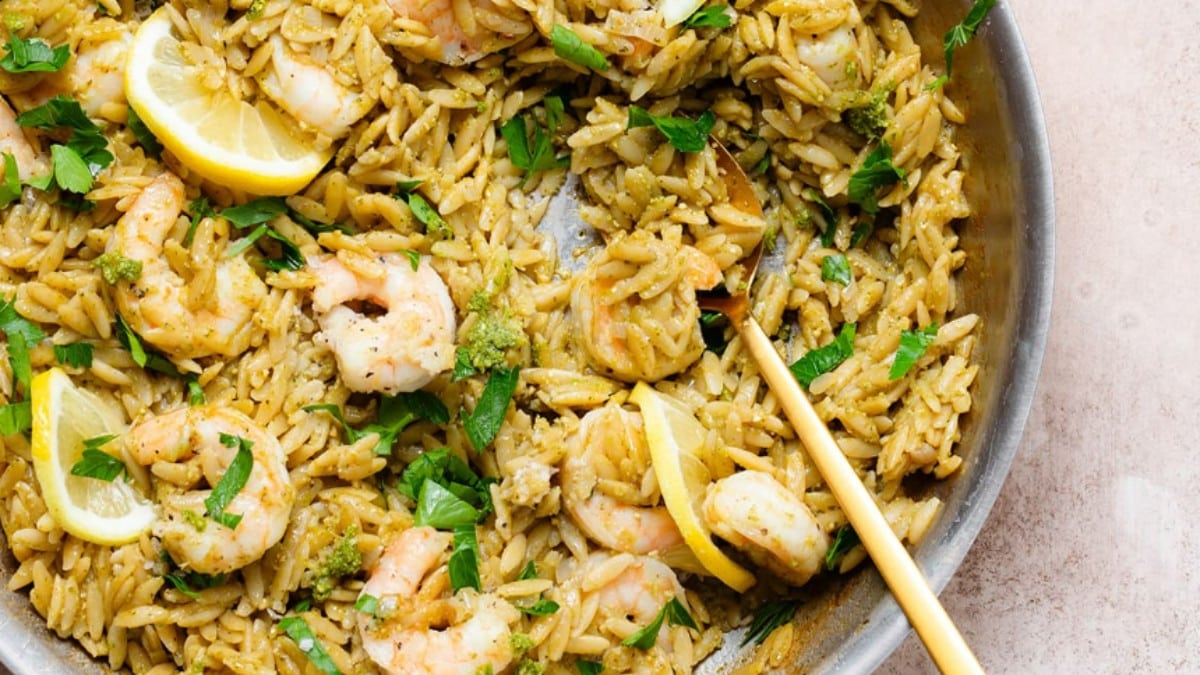 Pesto Orzo with Lemon Garlic Shrimp